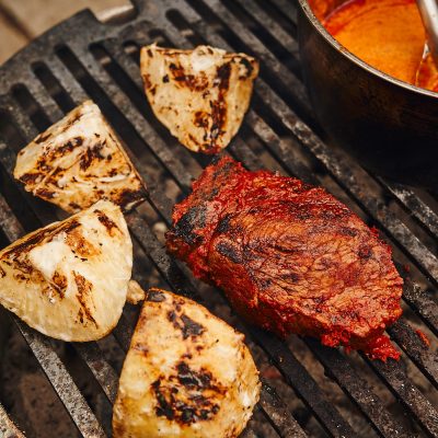 Thai red curry of Irish rump with charcoal grilled celeriac and Thai basil