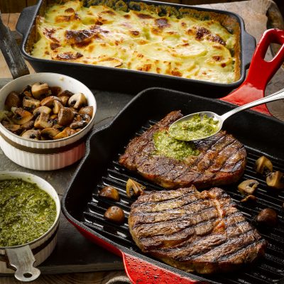 Ribeye Steaks with Chimichurri Sauce and Garlic Potatoes